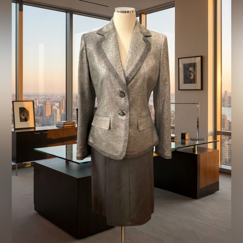 Jones New York Collection suit blazer skirt size 4 wool silver grey herringbone